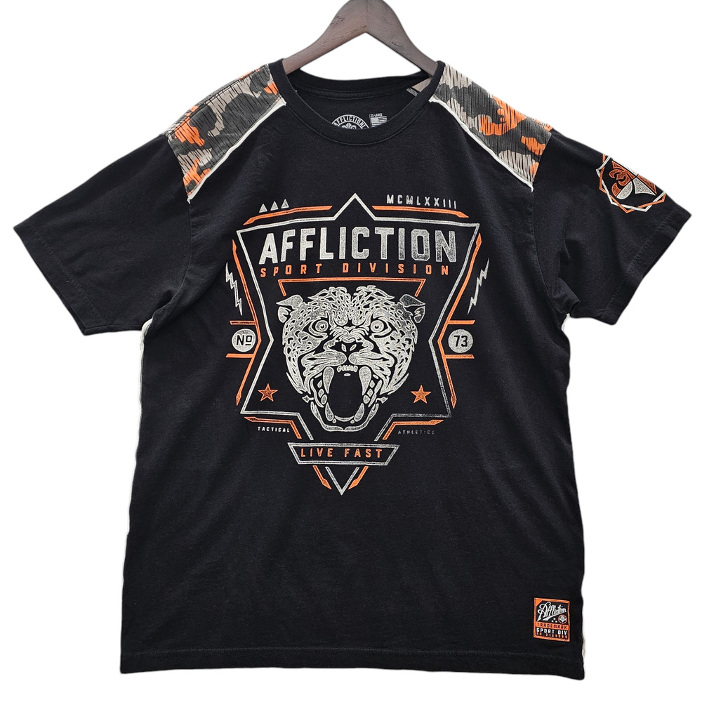Affliction Shirt Men's XXL Short Sleeve Black Tactical Sport Camo Graphic Tee